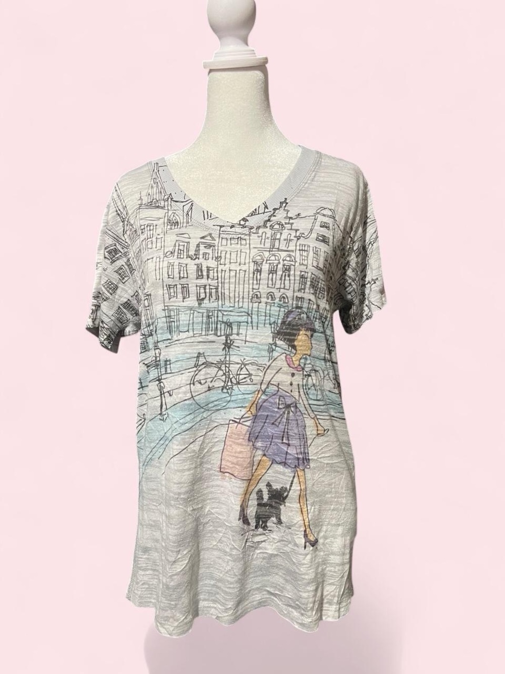 Medium Women’s Illustrated V-Neck Tee with Purple Skirt Graphic